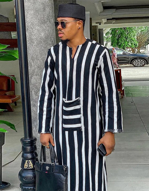 Long Sleeve Striped Men's Jubba Thobe Kaftan