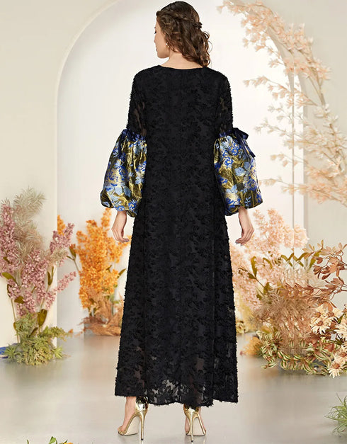 Elegant Black Lace with Contrasting Color Stitching and Lantern Sleeves