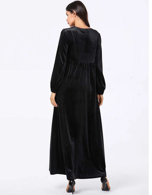 Midnight Bloom: A Cascading Black Abaya Embroidered with Golden Foliage