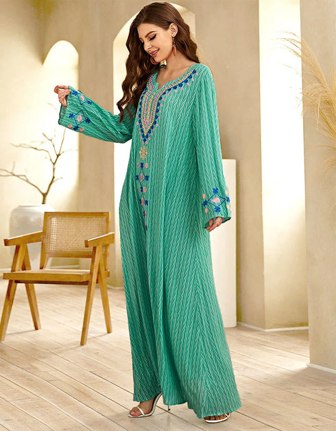 Flowing Green Abaya with Ethnic Embroidery and Round Neck