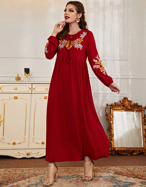 Striped Long Skirt Abaya with Embroidery Flair