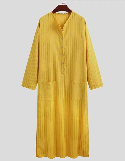 Stylish Muslim Men's V-Neck, Casual Stripes, and Comfortable Pockets