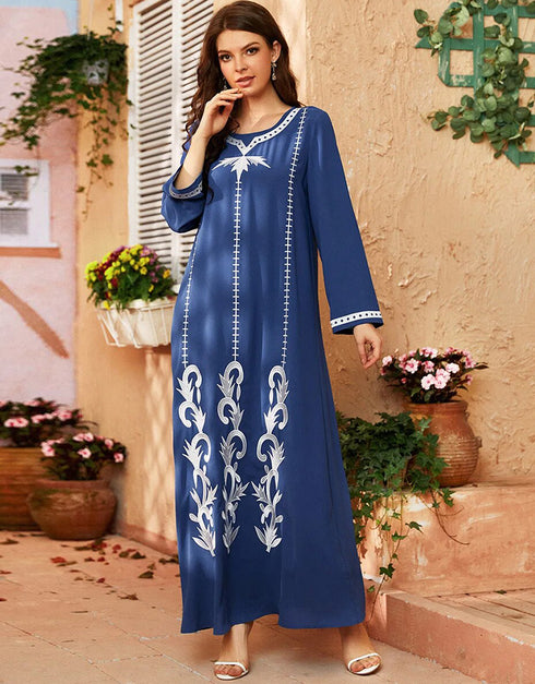 Modest Light Blue Abaya with Round Neck, Long Sleeves, and Embroidery