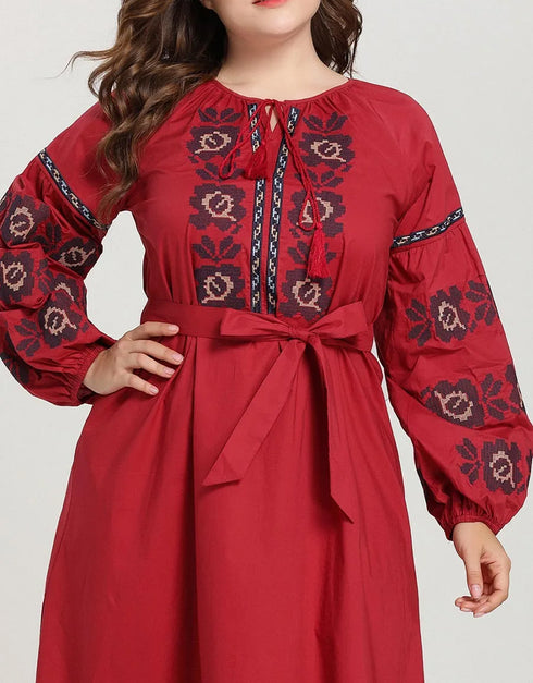 Crimson Embrace An Arabesque Abaya with Embroidered Grace