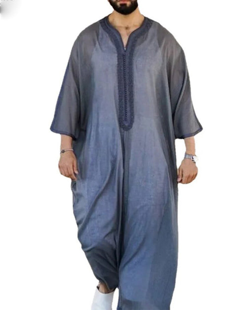 New Men Muslim Jubba Thobe Patchwork Striped V Neck Long Sleeve