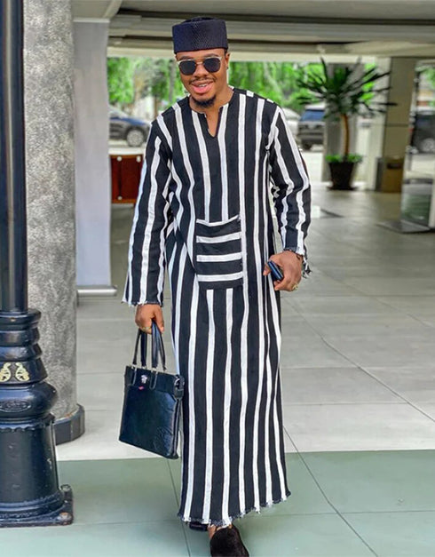 Long Sleeve Striped Men's Jubba Thobe Kaftan