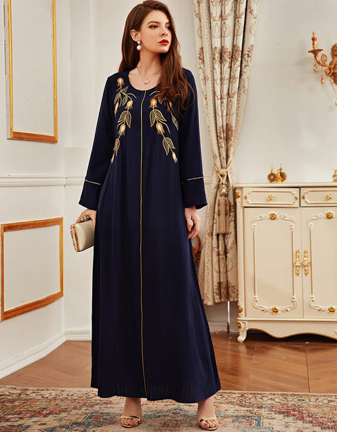 Flowy Retro Blue Embroidered Maxi Dress