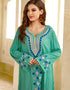 Flowing Green Abaya with Ethnic Embroidery and Round Neck