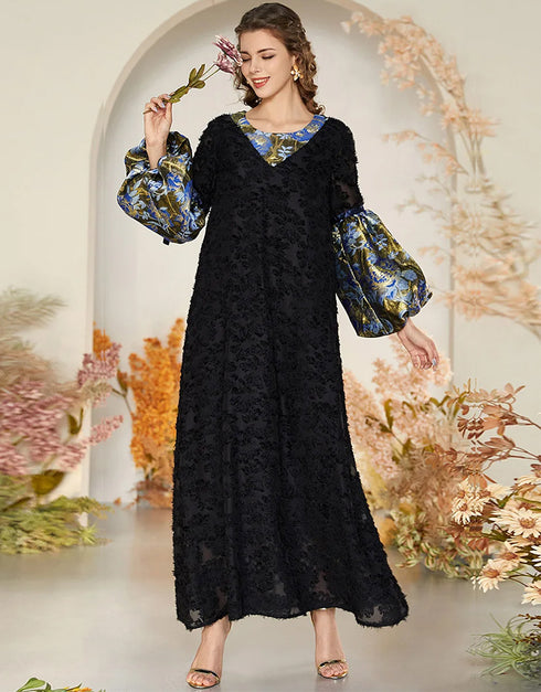 Elegant Black Lace with Contrasting Color Stitching and Lantern Sleeves