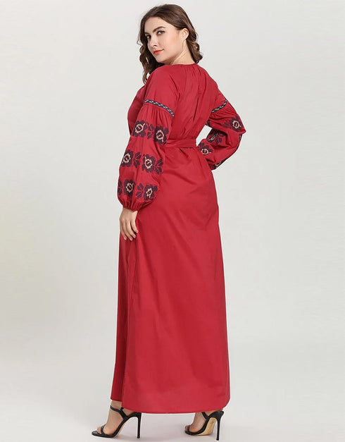 Crimson Embrace An Arabesque Abaya with Embroidered Grace