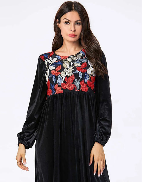 Midnight Bloom: A Cascading Black Abaya Embroidered with Golden Foliage