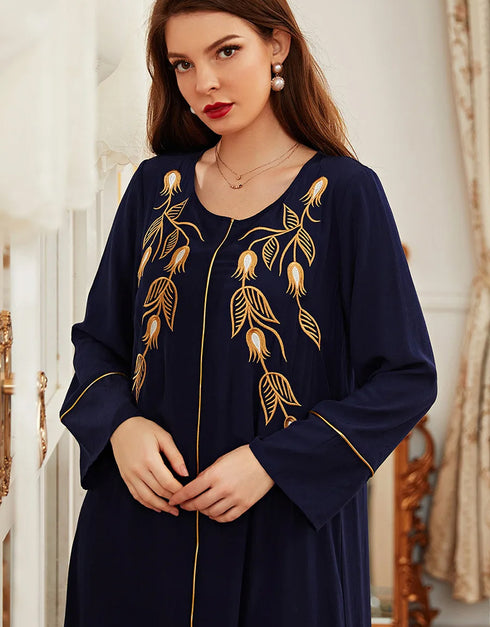 Flowy Retro Blue Embroidered Maxi Dress