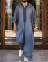 New Men Muslim Jubba Thobe Patchwork Striped V Neck Long Sleeve
