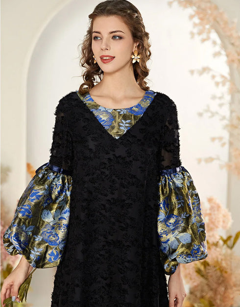 Elegant Black Lace with Contrasting Color Stitching and Lantern Sleeves