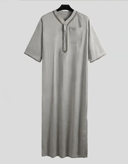 Men's Solid Button Thobe with Middle Shirt and Stand Collar
