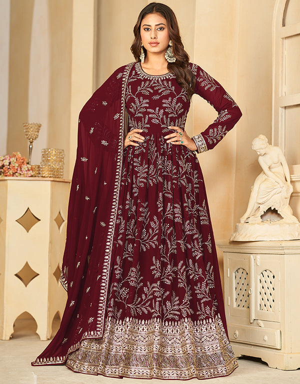 faux georgette heavy designer wedding wear gown with dupatta gown with embroidery work and maroon oak dupatta df-27-10271 Front View