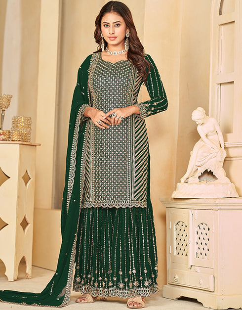 sophisticated phthalo green faux georgette heavy designer wedding wear salwar suit with phthalo green faux georgette df-28-10281 Front View