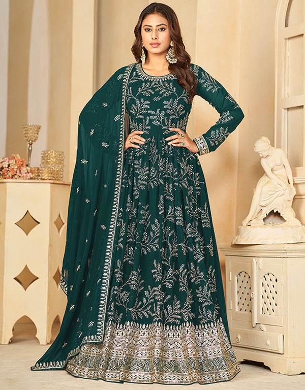 faux georgette heavy designer wedding wear gown with dupatta gown with embroidery work and gable green dupatta df-27-10272 Front View