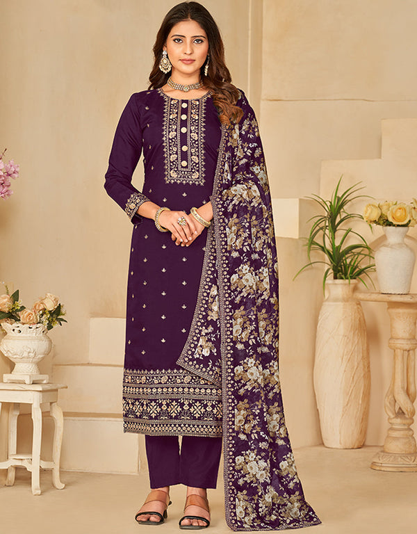 modern wine berry roman silk designer traditional party wear salwar suit with wine berry santool df-174-7302 Front View