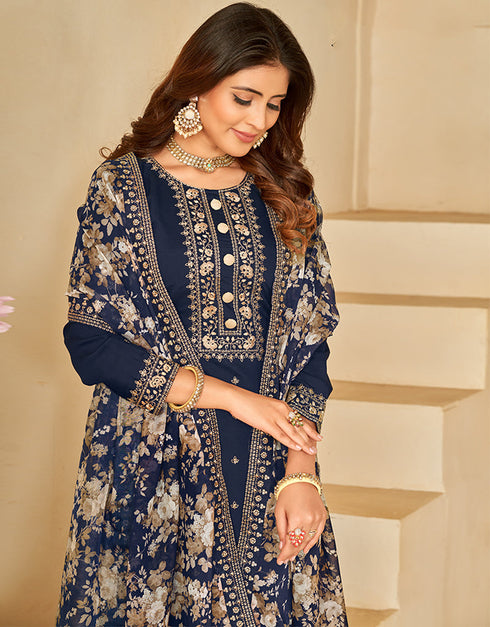 sophisticated dark blue roman silk designer traditional party wear salwar suit with dark blue santool df-175-7303 Close-up View