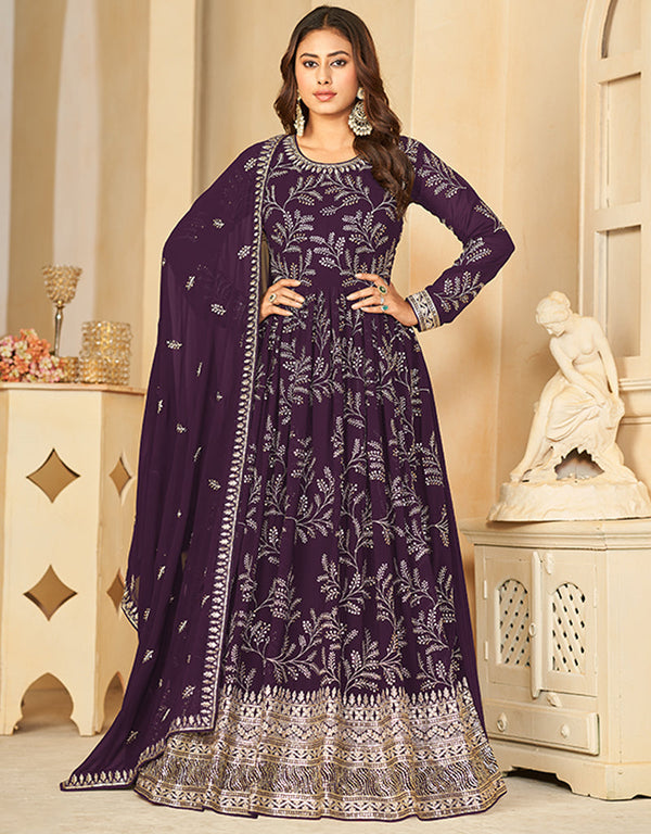 faux georgette heavy designer wedding wear gown with dupatta gown with embroidery work and wine berry dupatta df-27-10273 Front View