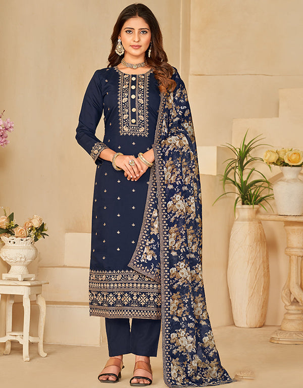 sophisticated dark blue roman silk designer traditional party wear salwar suit with dark blue santool df-175-7303 Front View