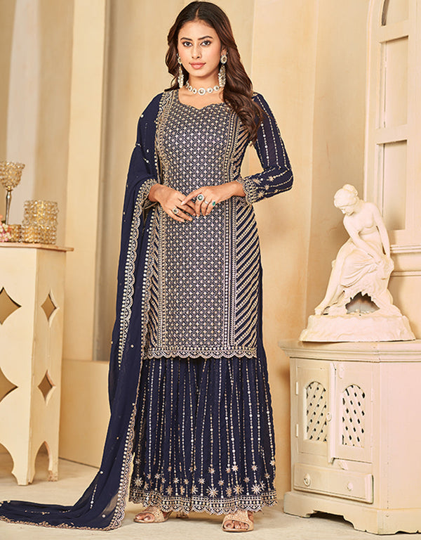 contemporary dark blue faux georgette heavy designer wedding wear salwar suit with dark blue faux georgette df-28-10283 Front View