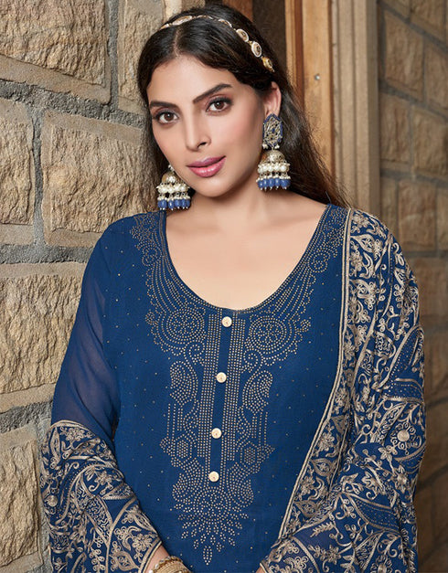 Heavy Designer Wedding Wear Georgette Salwar Suit Nile Blue Georgette Pant Straight Close-up View