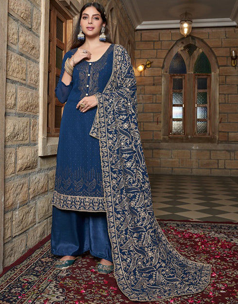 Heavy Designer Wedding Wear Georgette Salwar Suit Nile Blue Georgette Pant Straight Front View