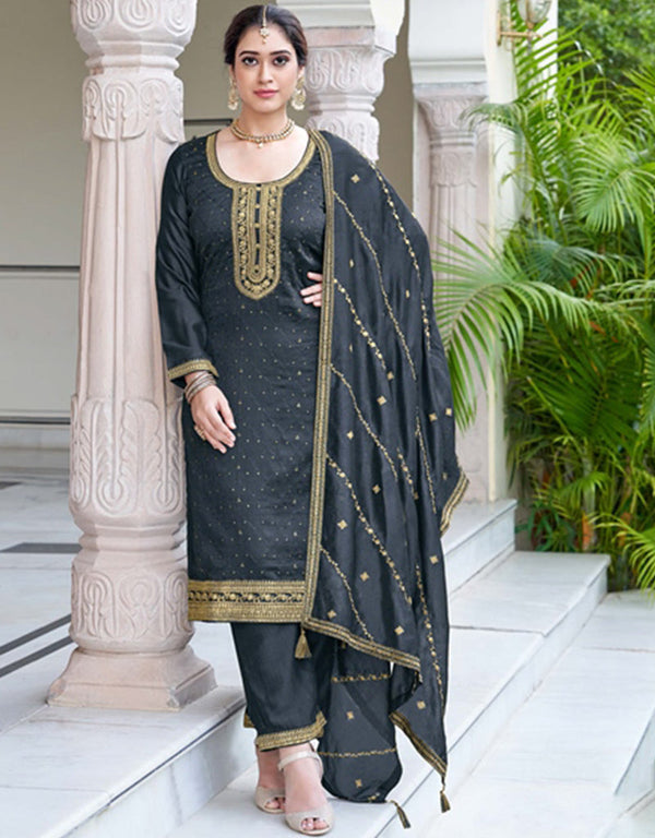 fashionable charcoal grey real premium silk designer traditional wedding wear salwar suit with charcoal grey real premium silk ie-1001 Front View