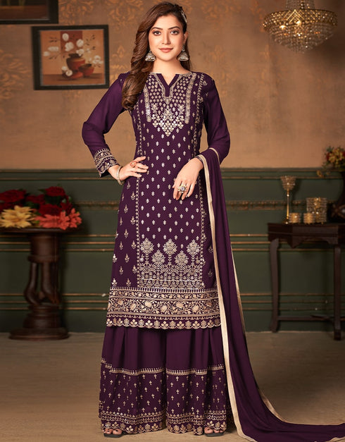 Purple Faux Georgette Sharara Suit Closure View