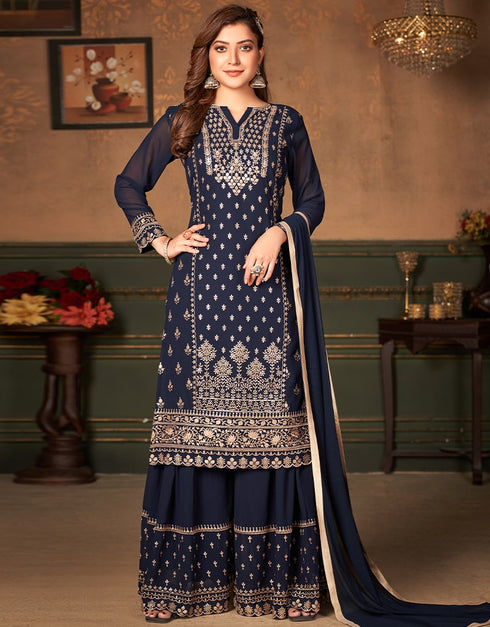 Blue Faux Georgette Sharara Suit