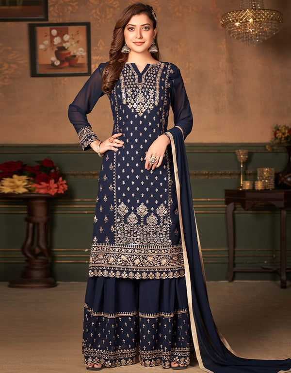 Blue Faux Georgette Sharara Suit