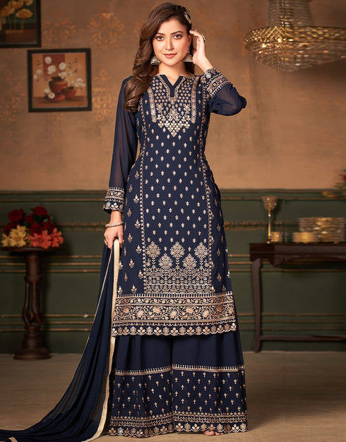 Blue Faux Georgette Sharara Suit Closure View