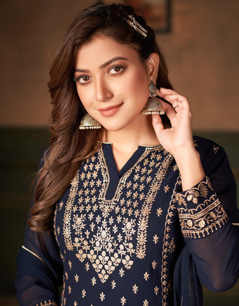 Blue Faux Georgette Sharara Suit Back View