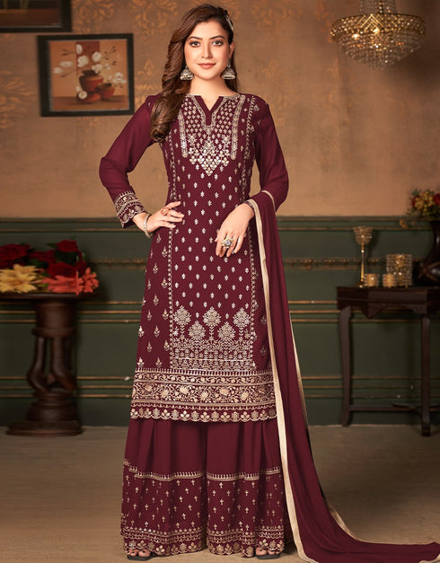 Brown Faux Georgette Sharara Suit