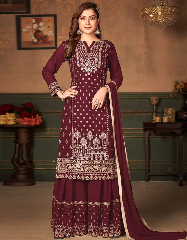 Brown Faux Georgette Sharara Suit