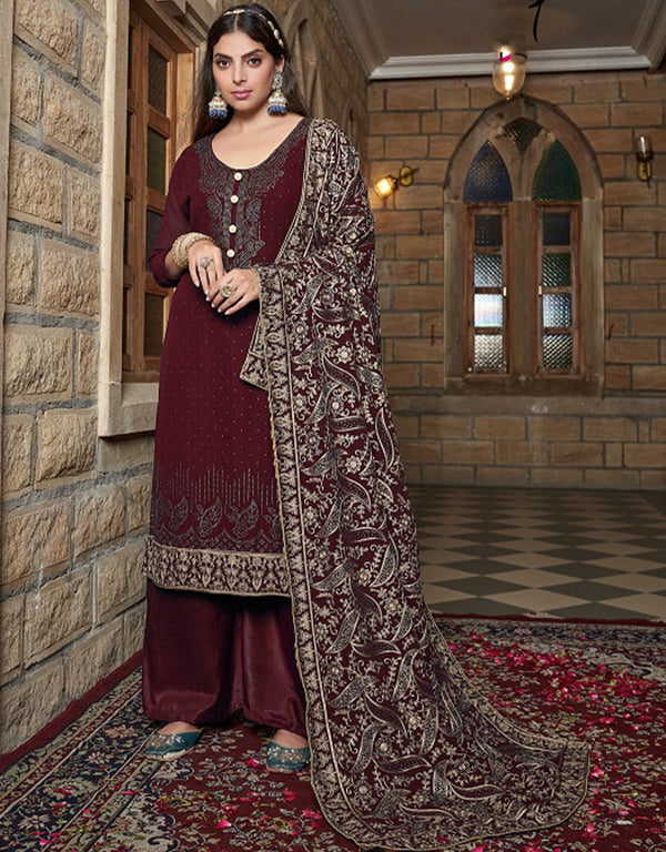 Heavy Designer Wedding Wear Georgette Salwar Suit Cocoa Bean Georgette Pant Straight Front View
