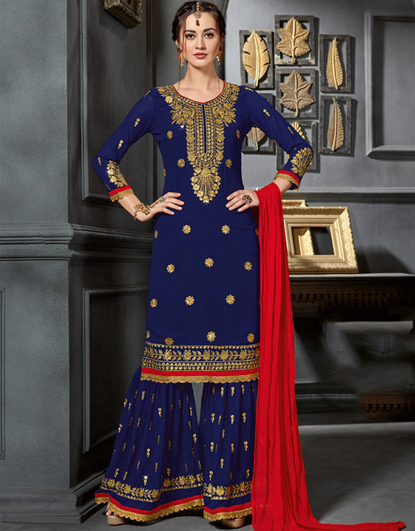 Nevy Blue Faux Georgette Sharara Salwar Suit