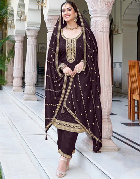 sleek woody brown real premium silk designer traditional wedding wear salwar suit with woody brown real premium silk ie-1002 Front View