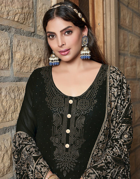 Heavy Designer Wedding Wear Georgette Salwar Suit Black Olive Georgette Pant Straight Close-up View
