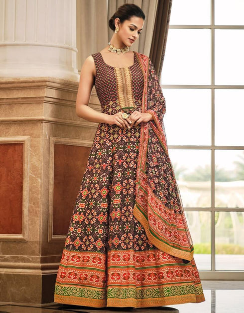 Black Killer Silk Fabric Maxi Salwar Kameez in Patola Print, Embroidery, Digital Print & Lace Work