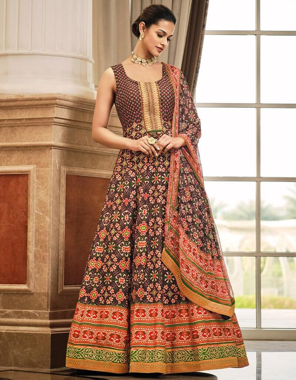 Black Killer Silk Fabric Maxi Salwar Kameez in Patola Print, Embroidery, Digital Print & Lace Work