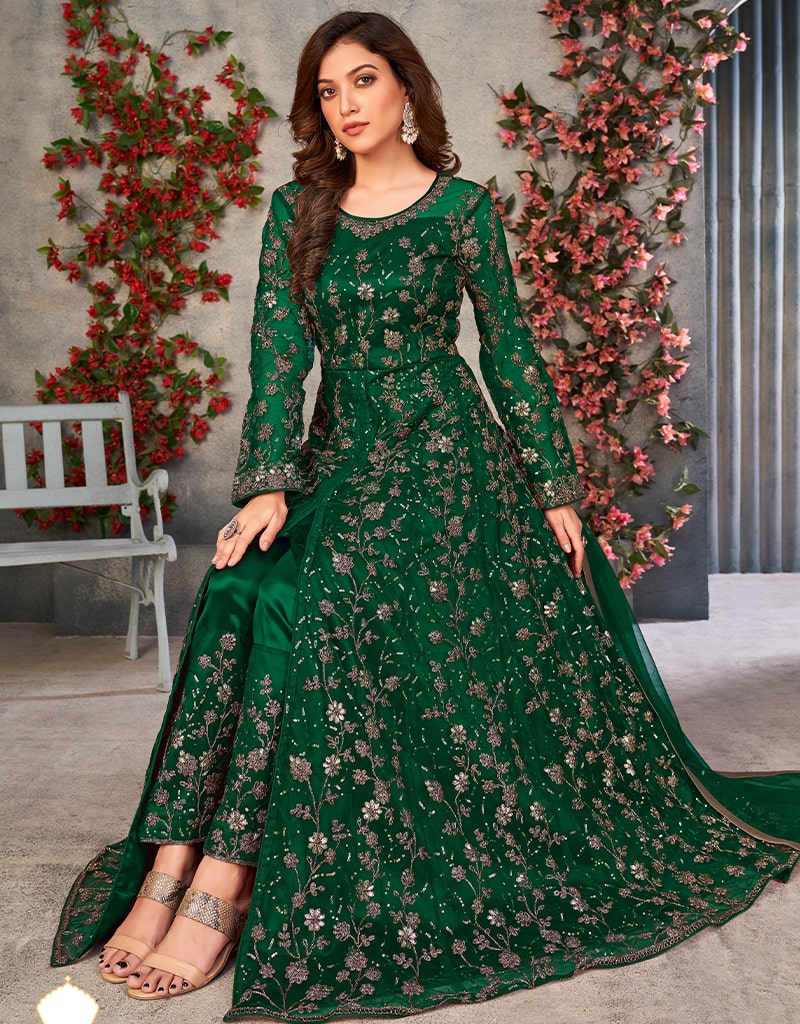 Green Designer Attractive Readymade Anarkali Dress Jari Thread Sequence Embroidery Work main image 0