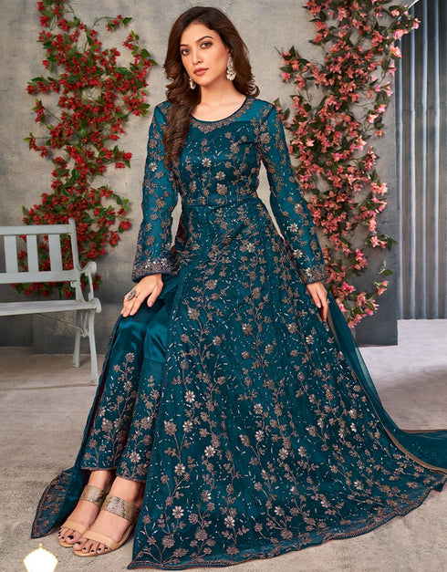 Teal Net Anarkali Anarkali Closure View