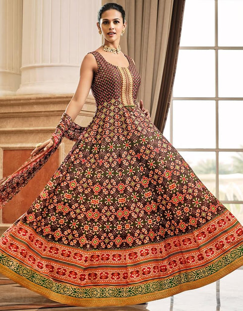 Black Killer Silk Fabric Maxi Salwar Kameez in Patola Print, Embroidery, Digital Print & Lace Work Closure View