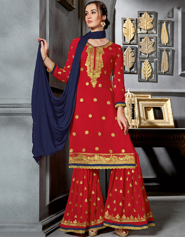 Red Faux Georgette Sharara Salwar Suit