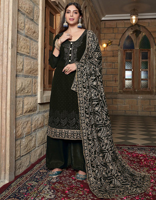 Heavy Designer Wedding Wear Georgette Salwar Suit Black Olive Georgette Pant Straight Front View