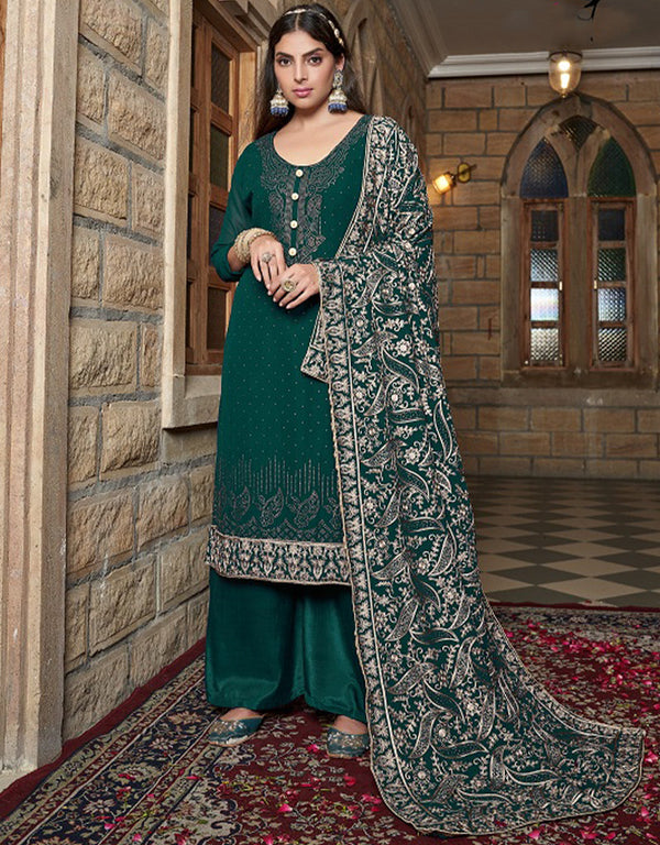 Heavy Designer Wedding Wear Georgette Salwar Suit Sherwood Green Georgette Pant Straight Front View