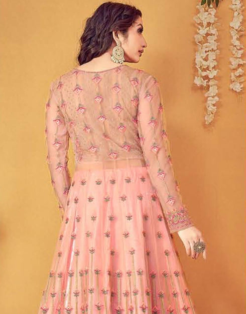 Baby Pink Anarkali style Suits Soft Net Salwar Kameez in Heavy Embroidery, Stone and Lace Work Closure View